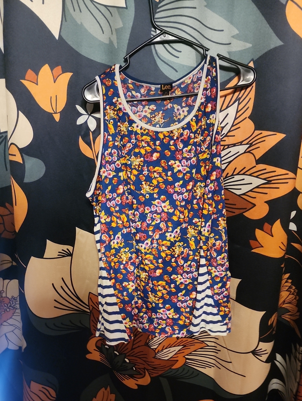 Lee Navy Floral Tank with White Trim and Striped Side Panels